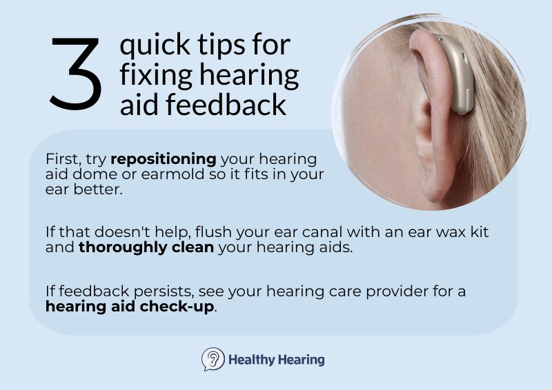 Infographic with three tips for hearing aid feedback
